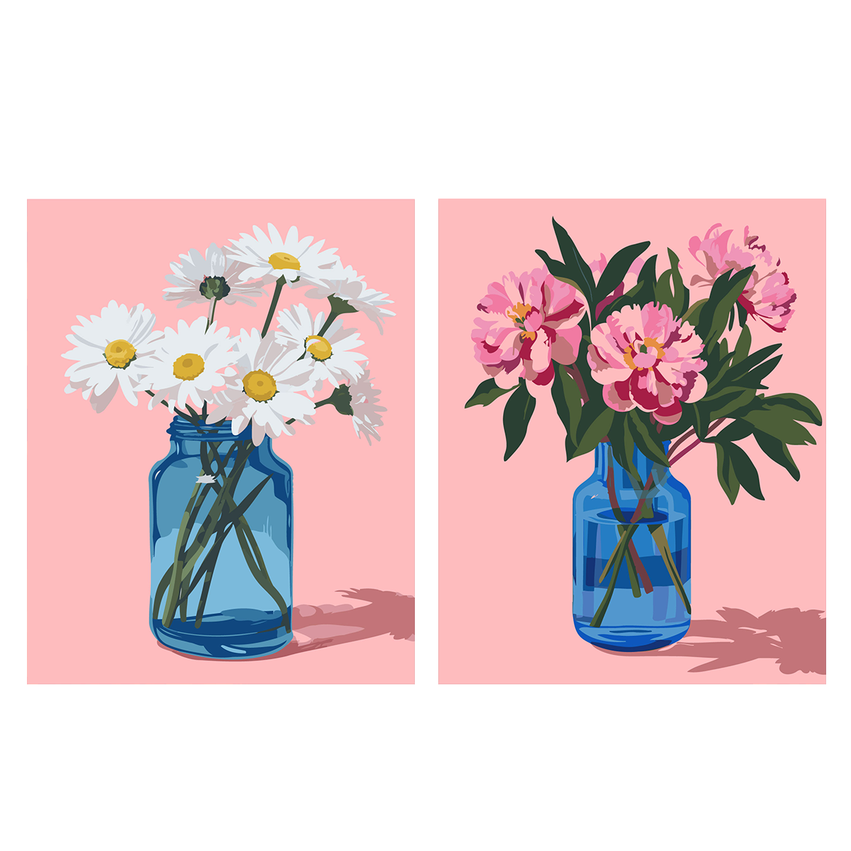 Still life painting of daisies and peonies in blue glass jars