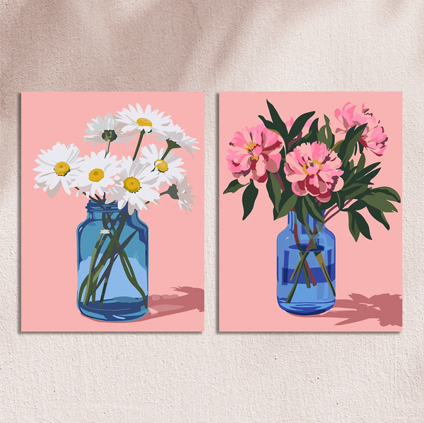 Still life painting of daisies and peonies in blue glass jars