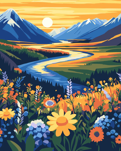 Vibrant landscape painting of wildflowers, river, and mountains at sunset