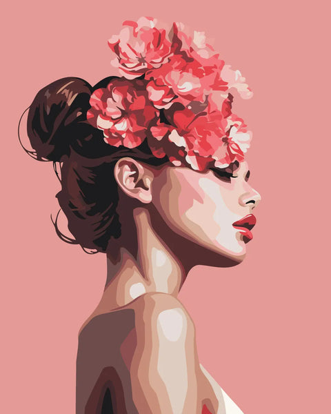 Elegant portrait painting of a woman with blooming floral headpiece