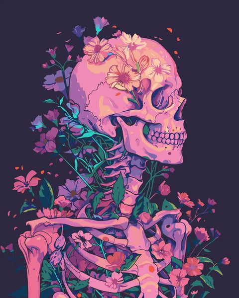 Vibrant skeleton painting with blooming flowers symbolizing life and death