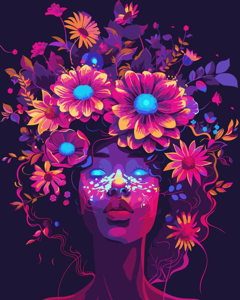 Surreal portrait of a woman with glowing eyes and flowers