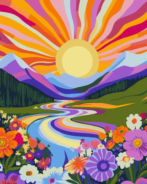 Vibrant landscape painting with colorful flowers mountains and radiant sunrise