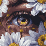 Realistic painting of a human eye surrounded by white daisies