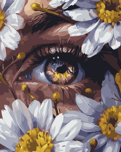 Realistic painting of a human eye surrounded by white daisies