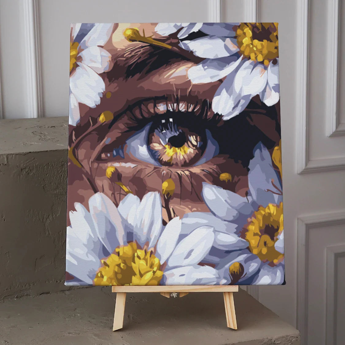 Realistic painting of a human eye surrounded by white daisies