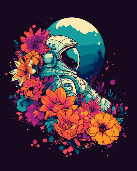 Astronaut surrounded by vibrant flowers under a glowing moon