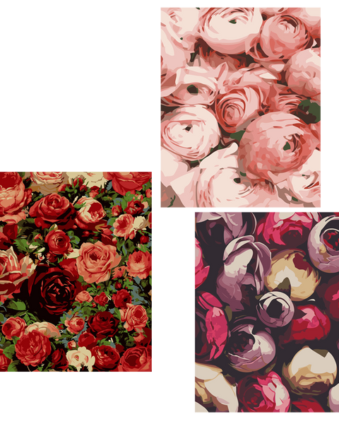 Elegant floral paintings featuring red and pink roses in bloom