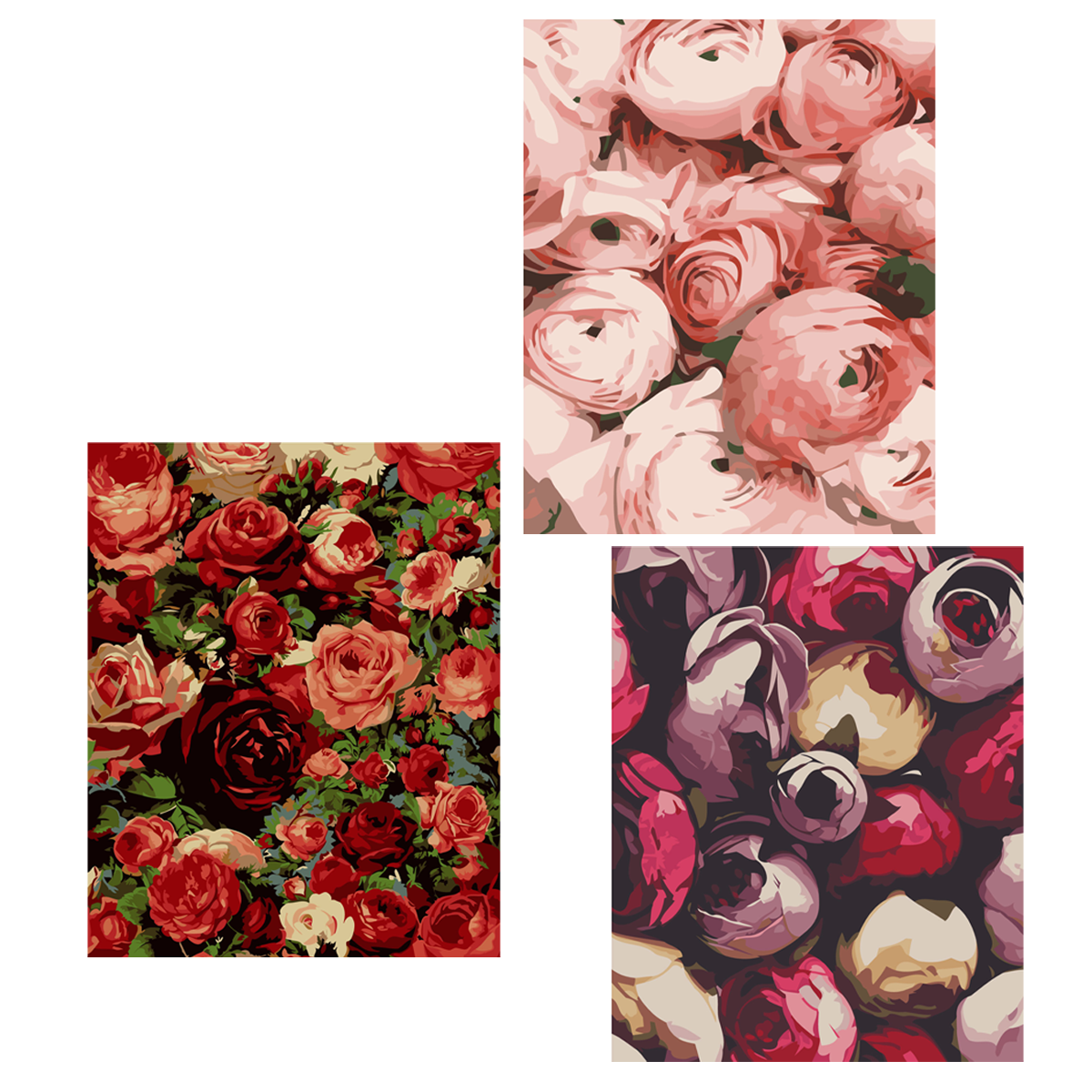 Elegant floral paintings featuring red and pink roses in bloom
