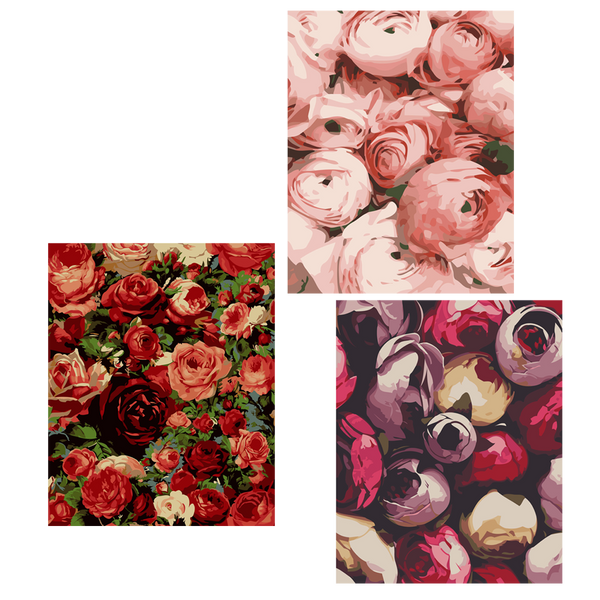 Elegant floral paintings featuring red and pink roses in bloom
