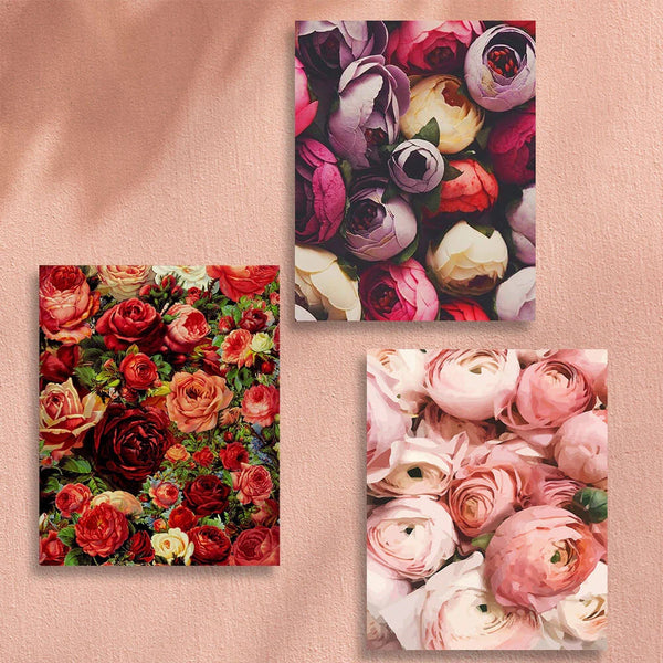 Elegant floral paintings featuring red and pink roses in bloom