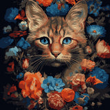 Realistic cat portrait surrounded by vibrant blue and orange flowers