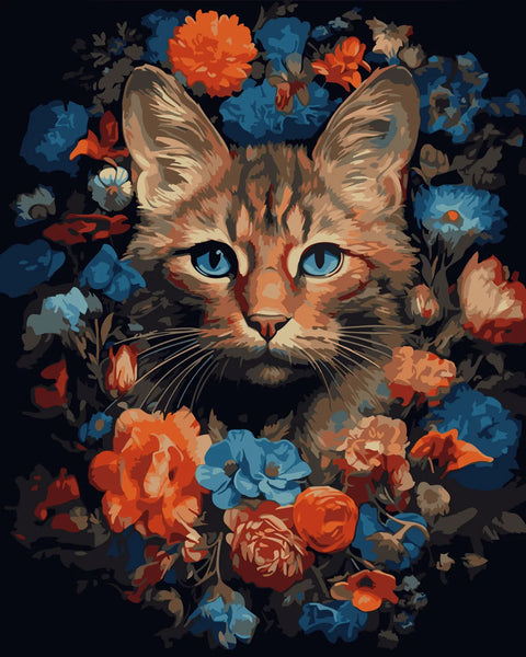 Realistic cat portrait surrounded by vibrant blue and orange flowers