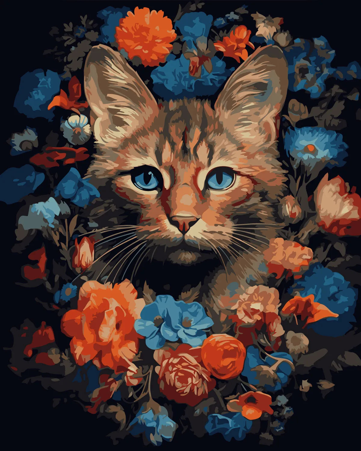 Realistic cat portrait surrounded by vibrant blue and orange flowers