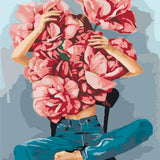 Surreal painting of a woman covered in large pink flowers