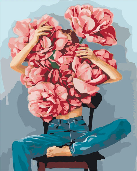 Surreal painting of a woman covered in large pink flowers