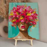 Abstract portrait of a woman with vibrant flowers covering eyes
