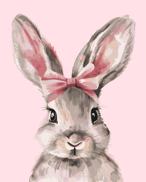 Adorable bunny with pink bow on ears against pastel background