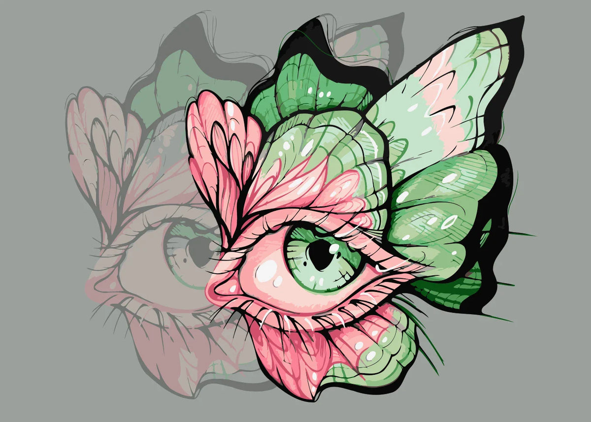 Butterfly wing with a green eye in the center, painted in pink and mint tones on a soft gray background. Surreal fantasy artwork by Kalinina.