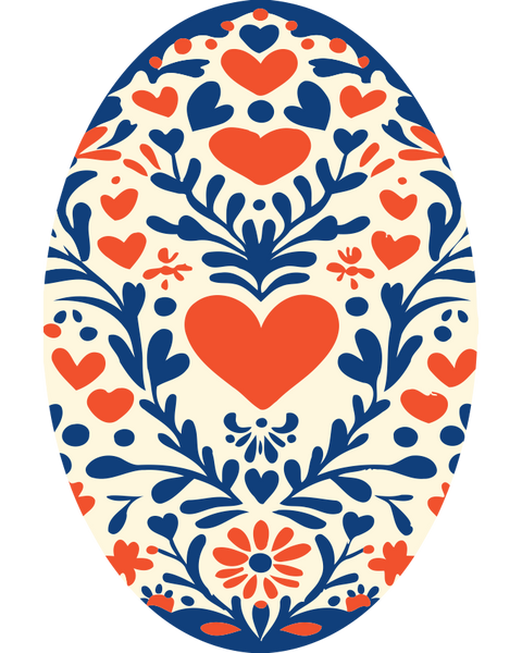 Folk Egg paint by numbers kit featuring red hearts and blue florals in a traditional symmetrical layout.