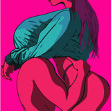 Bold pop art painting of a sensual embrace in vibrant colors.