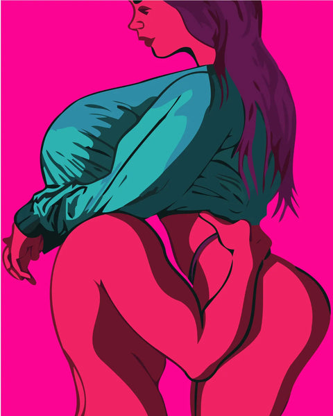 Bold pop art painting of a sensual embrace in vibrant colors.