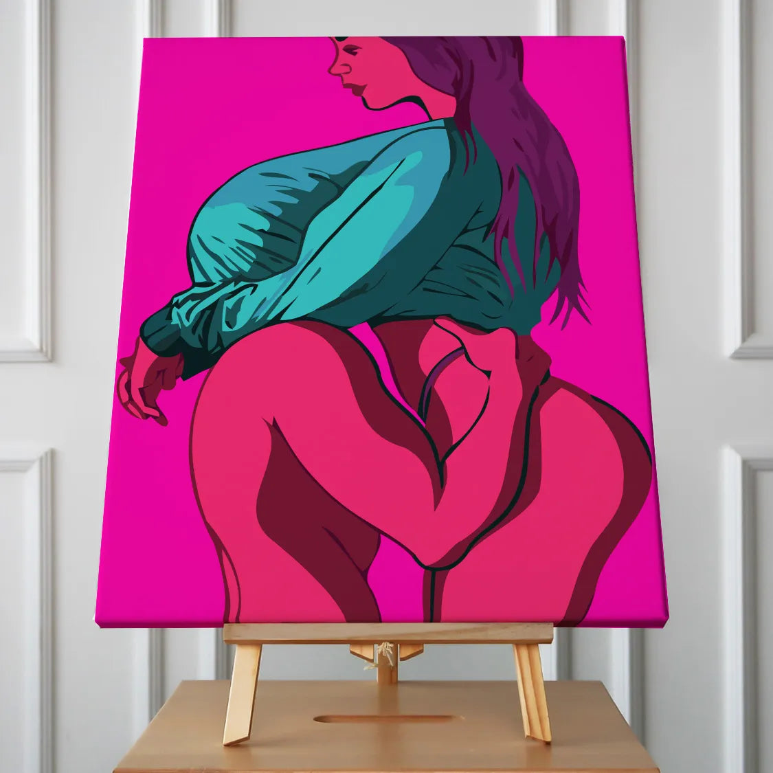 Bold pop art painting of a sensual embrace in vibrant colors.