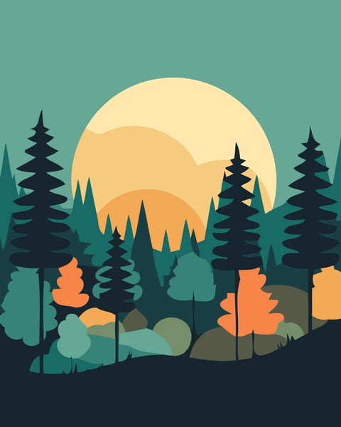 Minimalist forest landscape with sunset and evergreen trees in nature
