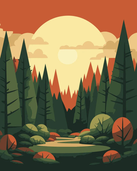 Serene forest landscape with tall trees and a glowing sunset