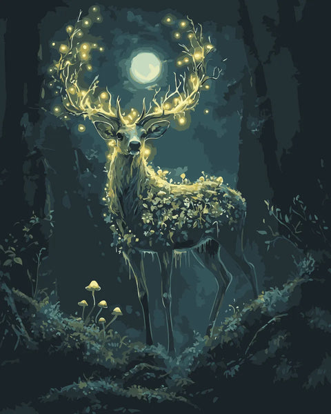 Majestic stag with glowing antlers in a moonlit forest, featured in the Forest Light paint by numbers kit.
