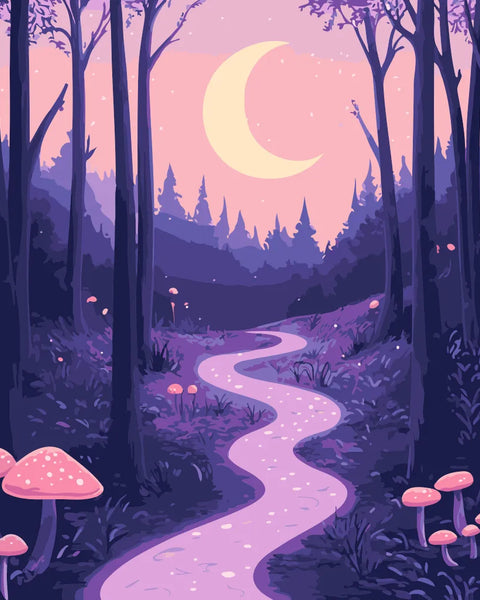 A magical forest path glowing under a crescent moon, surrounded by tall trees and luminescent mushrooms, creating a dreamy and enchanting nighttime scene.