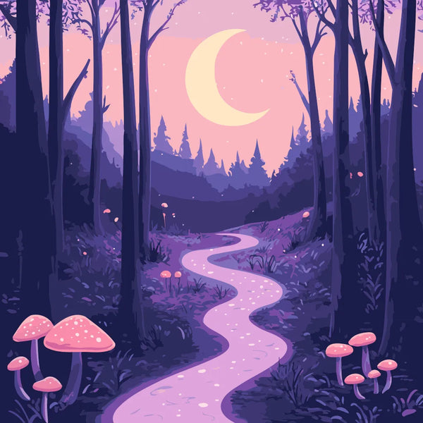 A magical forest path glowing under a crescent moon, surrounded by tall trees and luminescent mushrooms, creating a dreamy and enchanting nighttime scene.