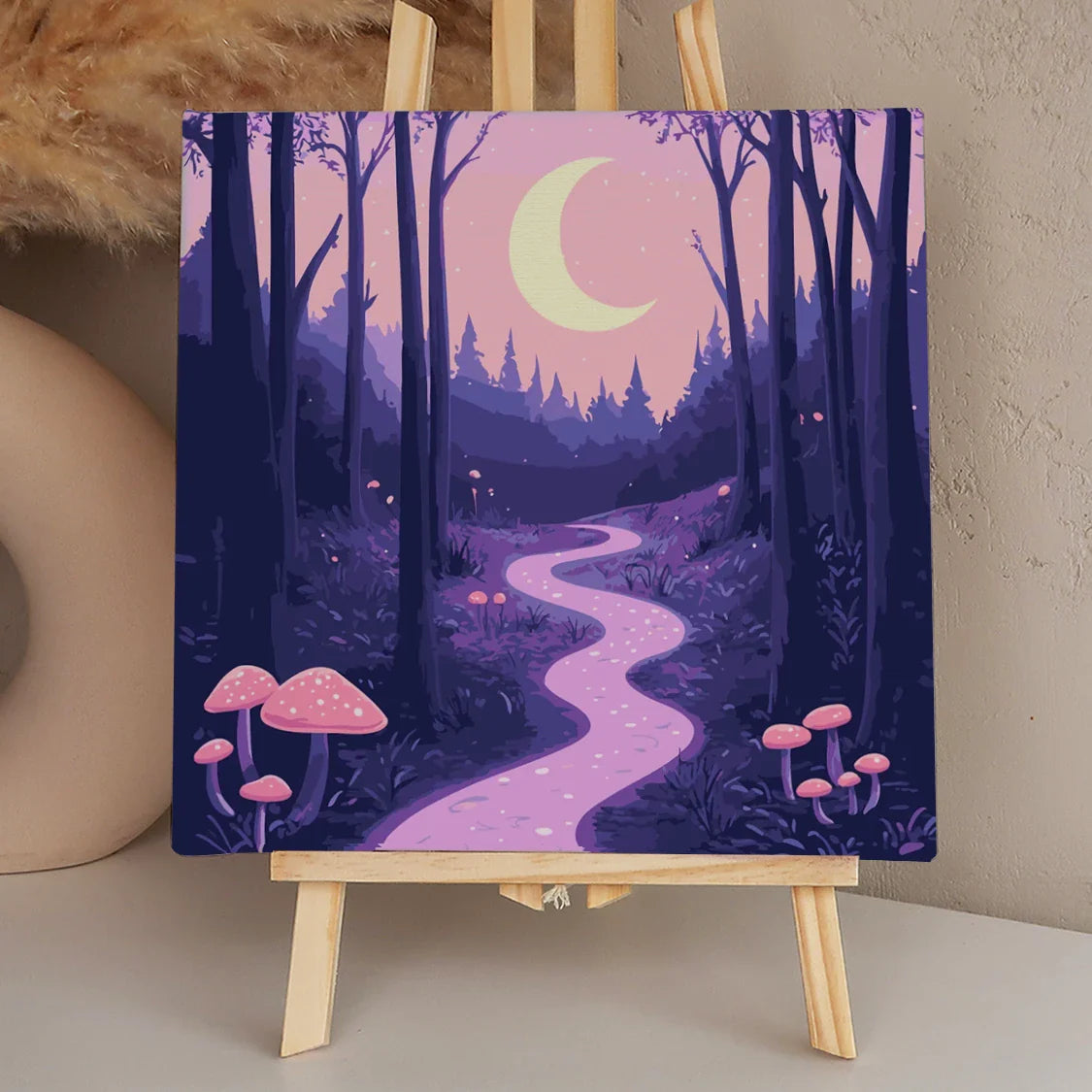 A magical forest path glowing under a crescent moon, surrounded by tall trees and luminescent mushrooms, creating a dreamy and enchanting nighttime scene.