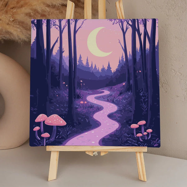 A magical forest path glowing under a crescent moon, surrounded by tall trees and luminescent mushrooms, creating a dreamy and enchanting nighttime scene.