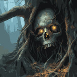 Skull with glowing eyes embedded in twisted tree roots, featured in the Forest of Secrets paint by numbers kit.