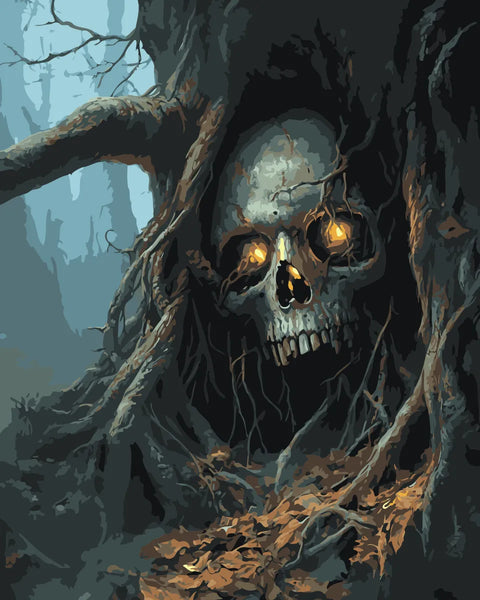 Skull with glowing eyes embedded in twisted tree roots, featured in the Forest of Secrets paint by numbers kit.