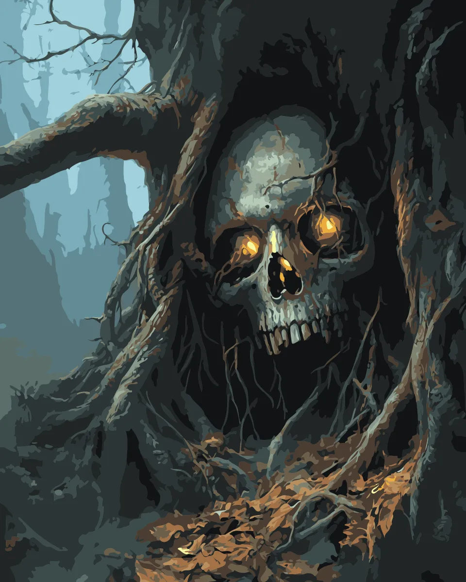 Skull with glowing eyes embedded in twisted tree roots, featured in the Forest of Secrets paint by numbers kit.