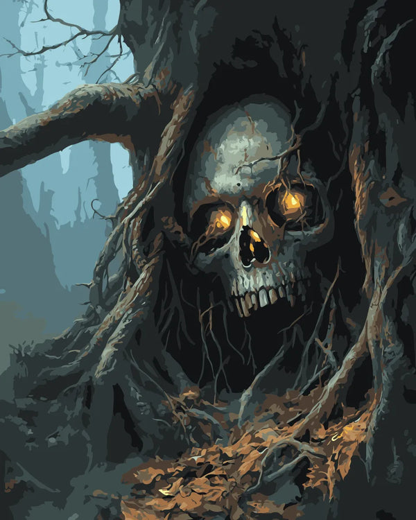 Skull with glowing eyes embedded in twisted tree roots, featured in the Forest of Secrets paint by numbers kit.