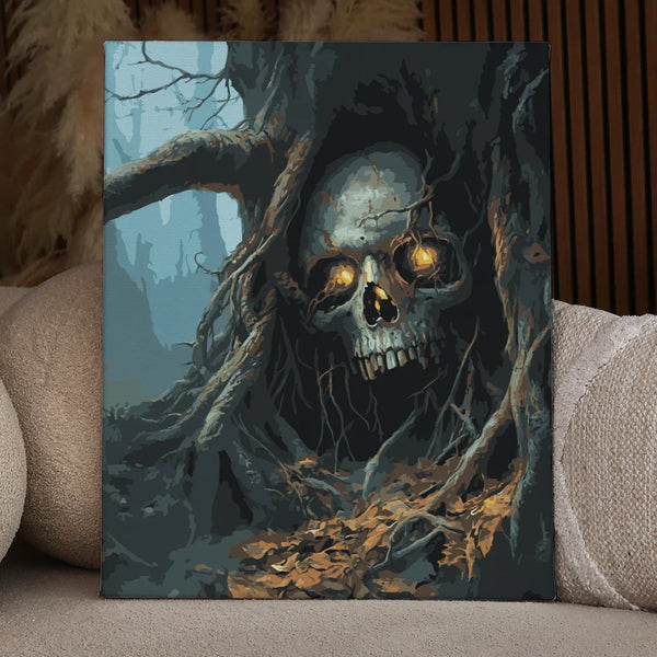 Skull with glowing eyes embedded in twisted tree roots, featured in the Forest of Secrets paint by numbers kit.