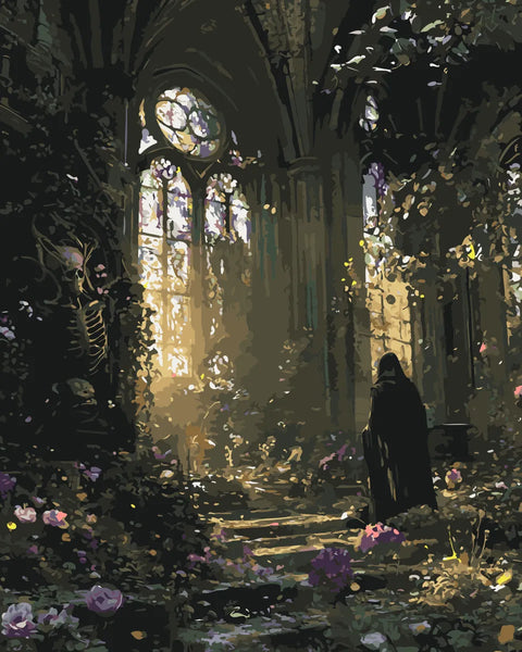 Abandoned chapel with stained glass windows, overgrown vines, and a dark cloaked figure, featured in the Forgotten Chapel paint by numbers kit.