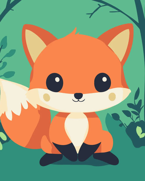 Cute cartoon fox sitting in a green forest with plants