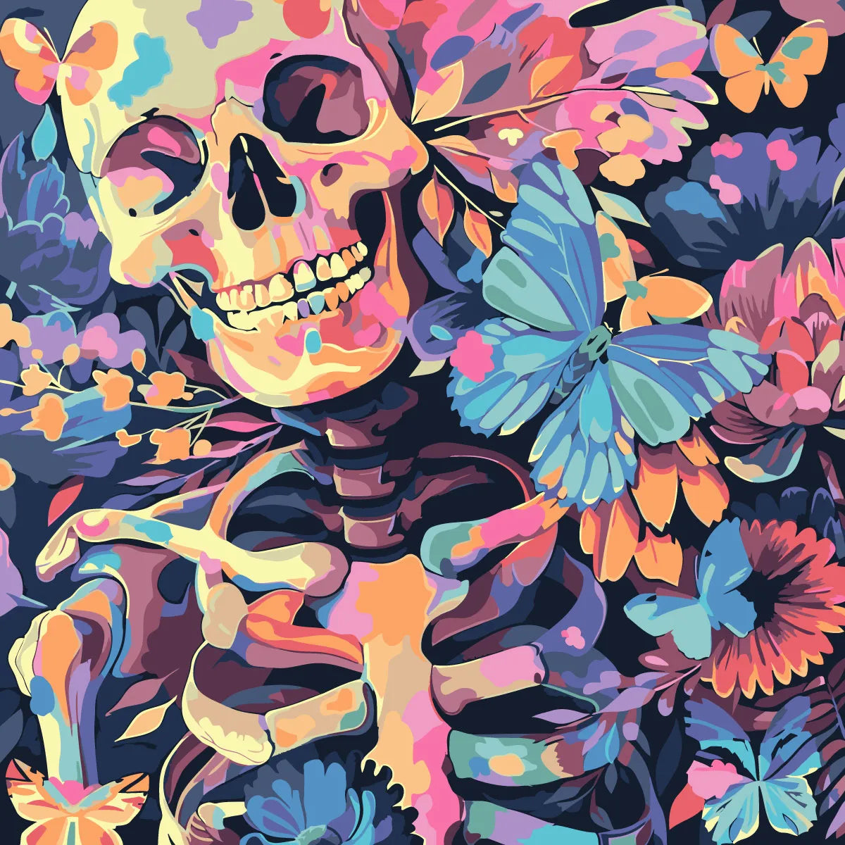 Colorful skeleton surrounded by vibrant flowers and blue butterflies