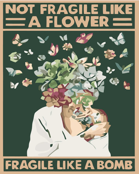 Surreal portrait with flowers and butterflies featuring bold typography