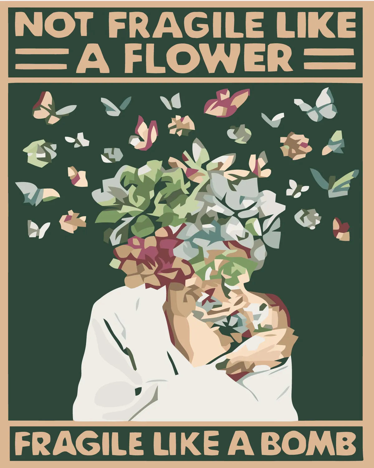 Surreal portrait with flowers and butterflies featuring bold typography
