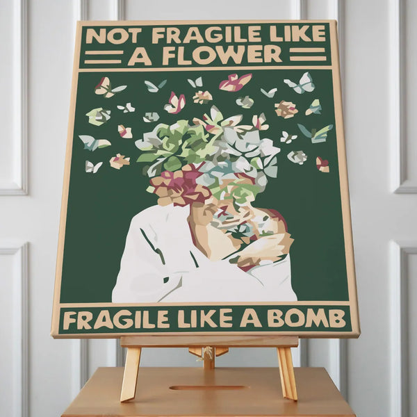 Surreal portrait with flowers and butterflies featuring bold typography