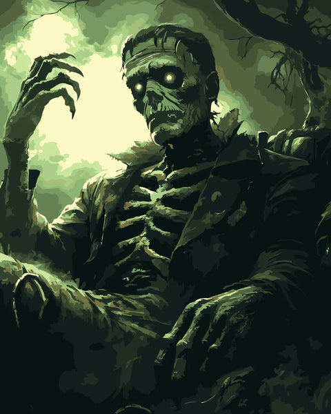 Frankenstein's undead skeletal figure with glowing eyes in eerie green lighting