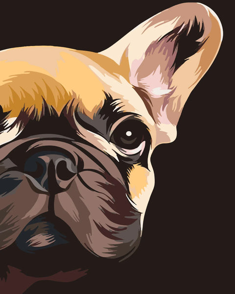 Close-up painting of a French Bulldog face with expressive eyes