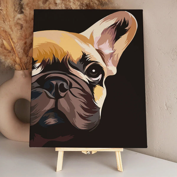 Close-up painting of a French Bulldog face with expressive eyes