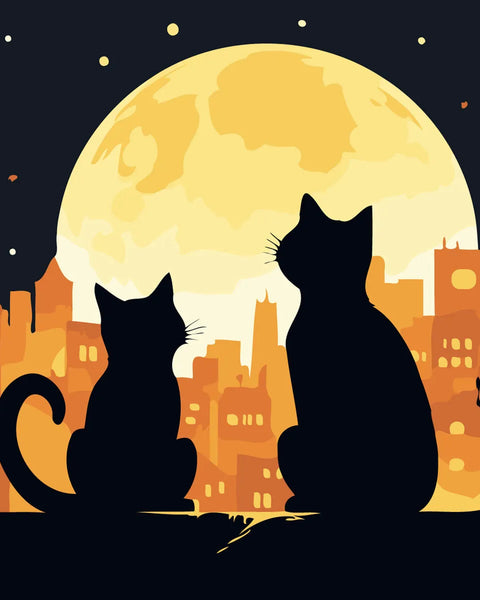 Silhouettes of two cats watching the full moon over city