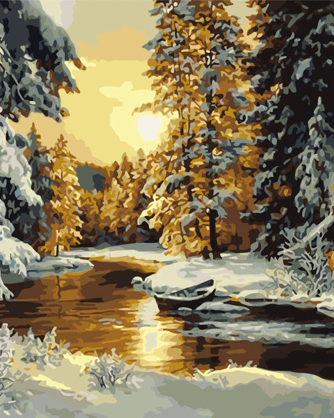 Winter landscape painting with snow-covered trees and golden sunset